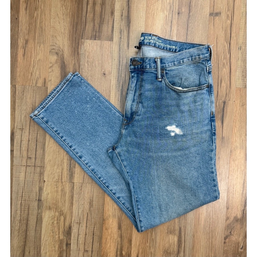 GAP Slim Stretch Jeans Mens 36x32 Light‎ Wash Distressed Casual Denim Pants